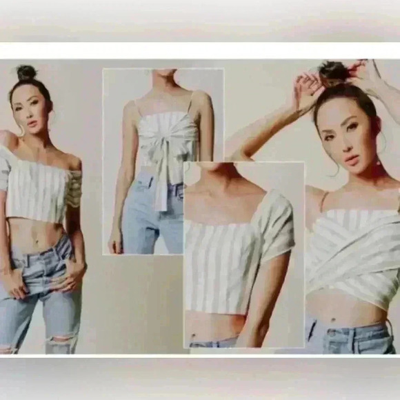 Chrisselle x J.O.A. Sand Stripe front tie zip back crop top sz medium M - Picture 3 of 9